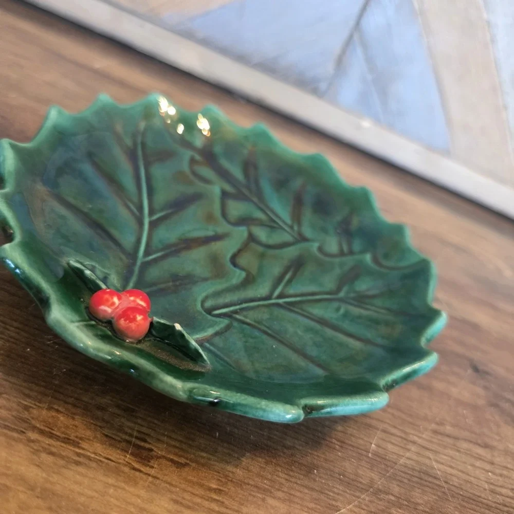 Vintage Lefton Green Holly Berry Compote Candy Dish Plate Serving Christmas 6